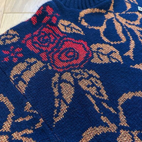 Vintage Dana Scott Christmas Sweater Blue Red And Copper Color Flowers and Bows - Picture 5 of 8